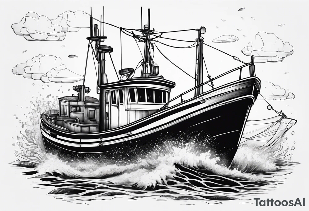 Big fishing boat and fish tattoo idea