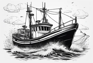 Big fishing boat and fish tattoo idea