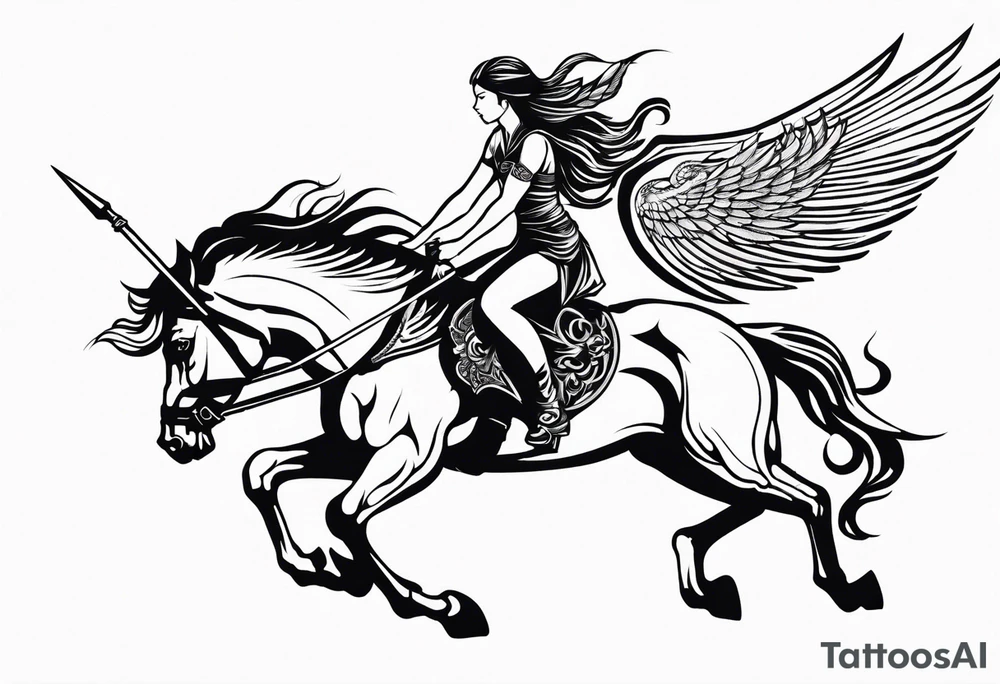Valkyrie on winged Pegasus, flight, holding spear, looking down tattoo idea Valkyrie on winged Pegasus, flight, holding spear, looking down tattoo idea