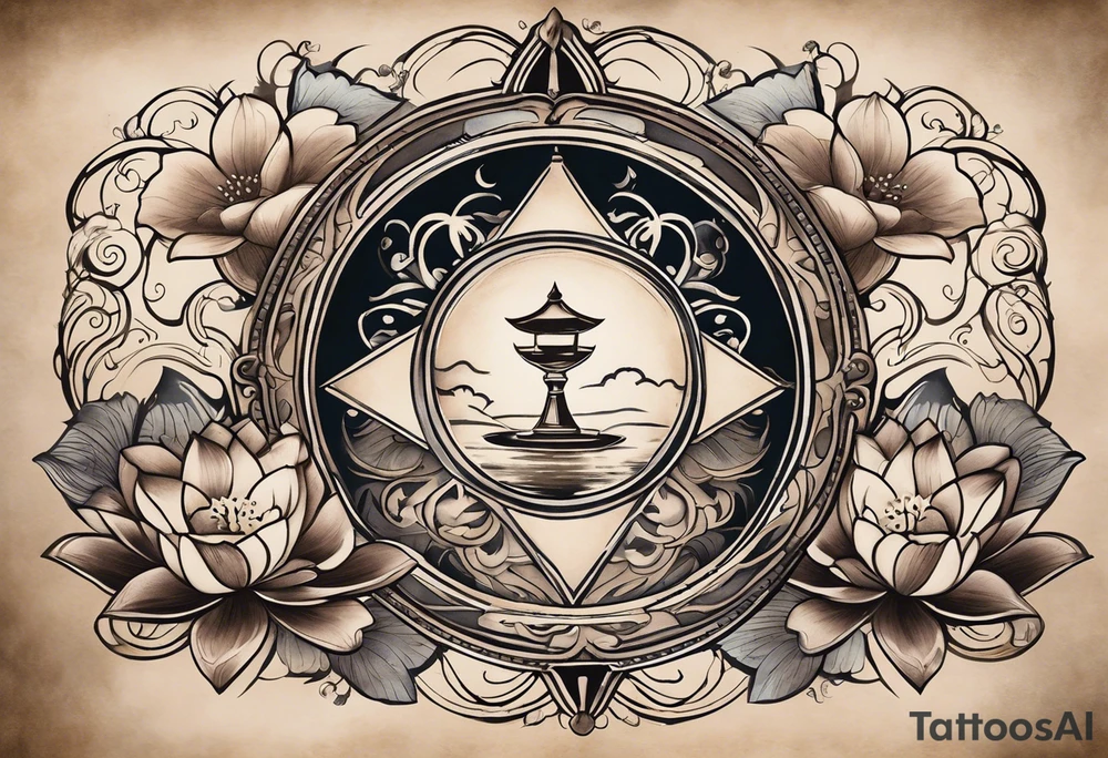 Tattoo Design Instructions:

Central Hourglass: Place in the middle; dark sand at the top, light sand flowing down.
Lotus Flower: Grow from the base of the hourglass, symbolizing growth from hardship.
Family Scene: On one side, depict two boys holding hands, looking up at a larger protective mother figure.
Betrayal Symbolism: Add a broken chain near the hourglass's bottom; a rising phoenix beside it.
Pathway of Growth: A path with stepping stones leading upwards; include a koi fish, crane, and yin-yang symbols.
Asian Elements: Scatter cherry blossoms, waves, and wind patterns; add Kanji for key values like "loyalty" and "strength."
Color and Style: Use black and grey with hints of pink, white, and orange.
Placement: Best as a sleeve or back piece for full detail and flow. tattoo idea