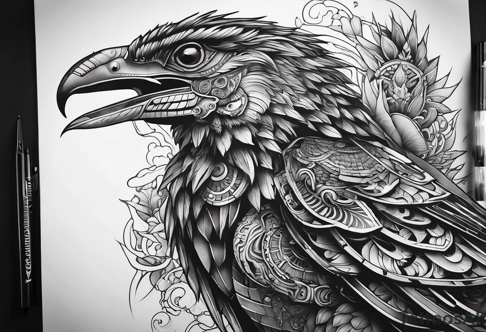 cyberpunk Mayan Quetzal bird/dinosaur that is narrow and has neurons coming from the bottom. tattoo idea