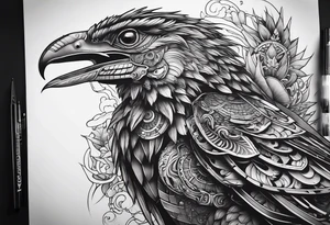 cyberpunk Mayan Quetzal bird/dinosaur that is narrow and has neurons coming from the bottom. tattoo idea