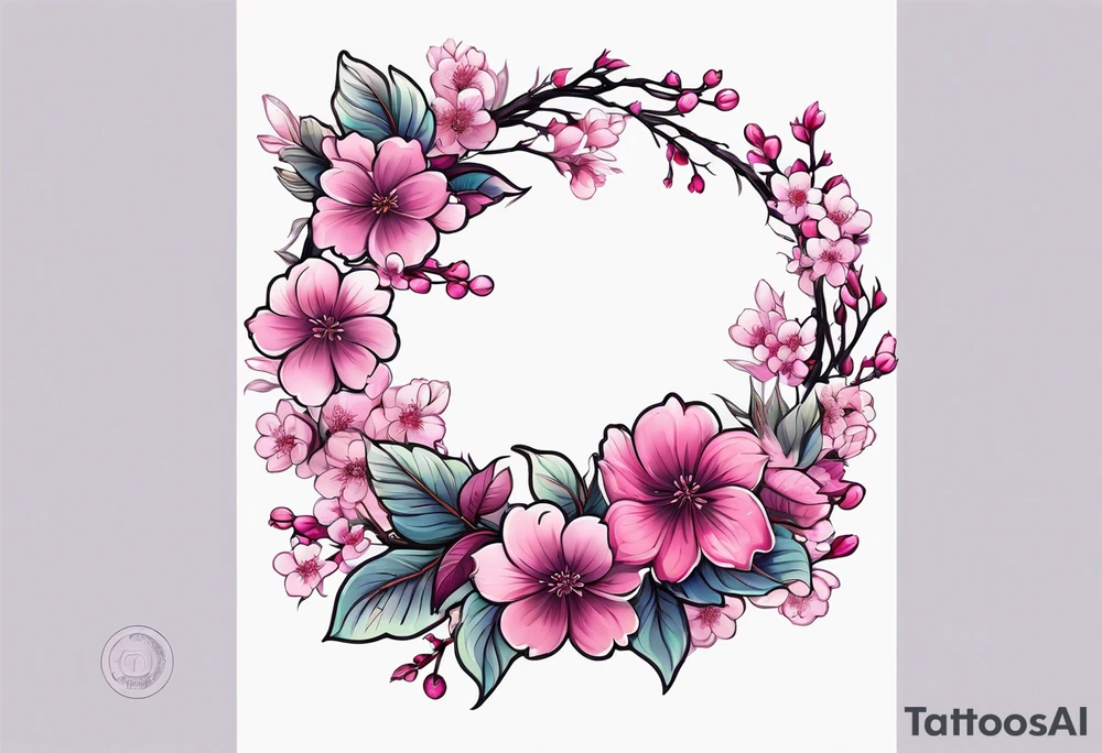 Flower wreath cherry blossoms pinks and purples tattoo idea