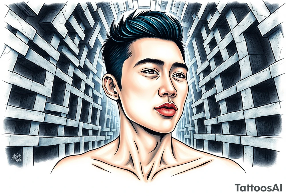 Handsome Asian young guy lost in a scary labyrinth tattoo idea