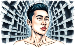 Handsome Asian young guy lost in a scary labyrinth tattoo idea
