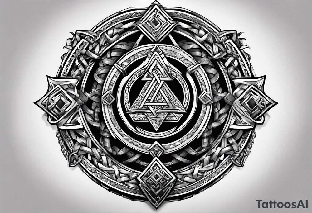 Valhalla sword shield axe Valknut chains tattoo idea