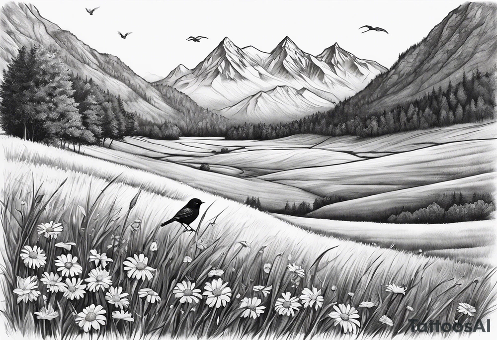Small bird in field of grass and daisys Mountain View in distance tattoo idea
