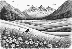 Small bird in field of grass and daisys Mountain View in distance tattoo idea