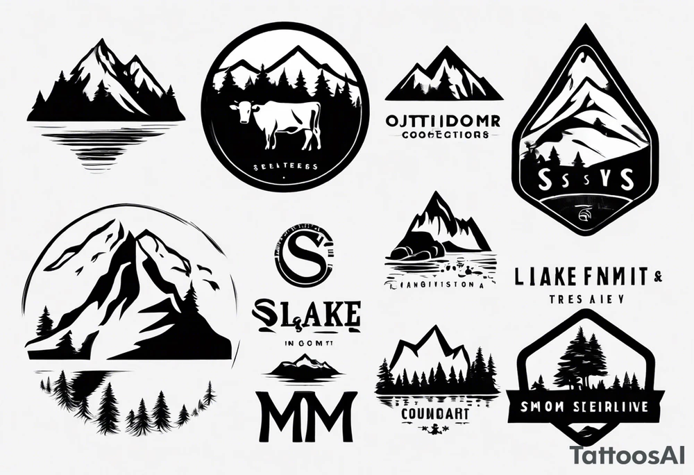 A logo for an outdoors company that includes an "S" and an "M". Includes a mountain, a lake, some trees, and a cow tattoo idea