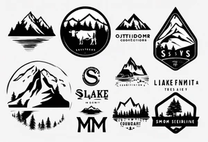 A logo for an outdoors company that includes an "S" and an "M". Includes a mountain, a lake, some trees, and a cow tattoo idea