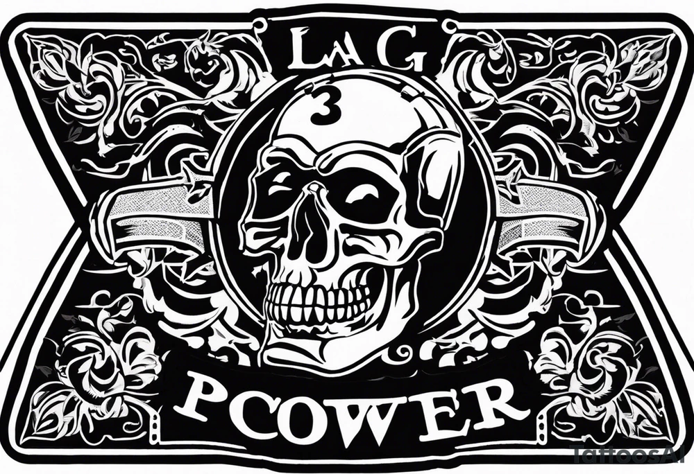 A tattoo of a three-piece motorcycle club patch with a centrepiece a top rocker snd a bottom rocker. 
The centre piece is an image well it’s a drawing of a clenched fist 
The top rocker curves around the top of the centrepiece and has the words “BLACK*POWER” written inside it as specified all in upper case and using the bold condensed benguiat font. The bottom rocker Curves around the bottom of this centrepiece and has the word “WAIKATO” written in it as specified all in uppercase and using the bold condensed benguiat font tattoo idea