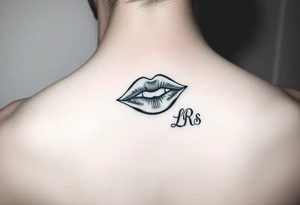 Feminine kiss mark tattooed on the neck with the initials lrs beside it tattoo idea