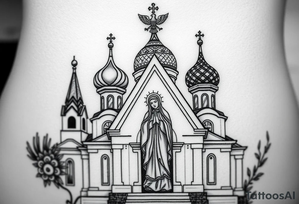 Flowing Scene

A onion domes orthodox church
Virgin Mary in prayer pose on the front doors of the russian orthodox church 
A small double headed russian coat of arms eagle or just the star tucked above the dome near the hairline tattoo idea
