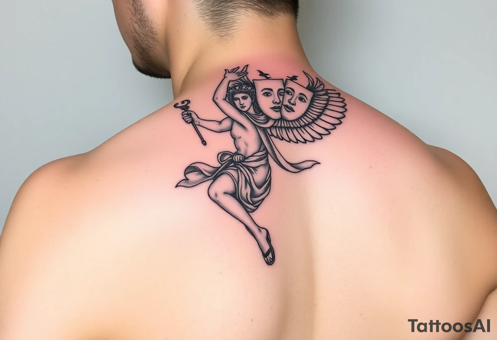 Hermes, Greek god, fine-line black & grey tattoo, flying with winged sandals, holding caduceus. Two faces representing Gemini subtly in cloak or halo. Drama masks (comedy & tragedy) integrated subtly. Greek motifs like olive branches, geometric patterns, subtle architecture as background. Elegant, symbolic, harmonious, detailed line art for forearm or upper arm tattoo. tattoo idea