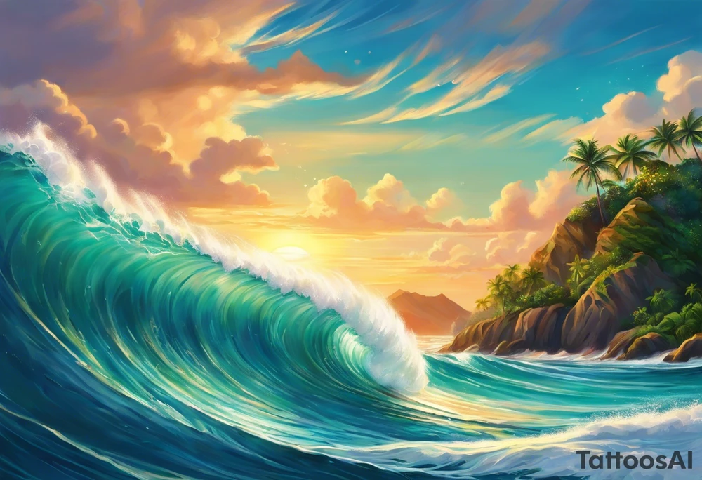 The letters "Pura Vida" forming the gentle curves of ocean waves, with the "i" in "Vida" extending into a mountain peak. The sun could be subtly incorporated above the letters. It creates a harmonious blend of nature and the phrase. What do you envision? tattoo idea