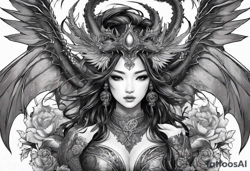 beautiful warrior nymph with dragon wings and dragon friends tattoo idea