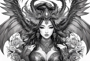 beautiful warrior nymph with dragon wings and dragon friends tattoo idea