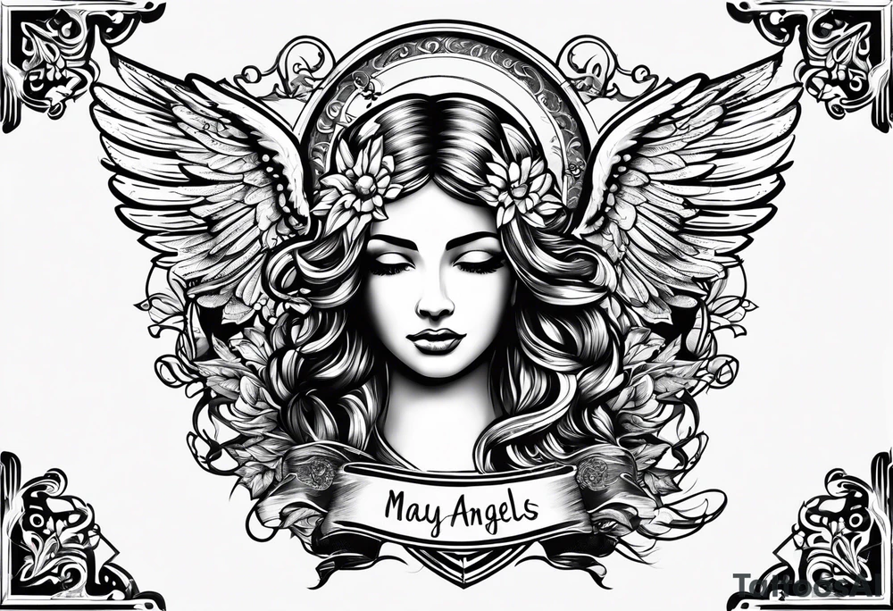Postage stamp shape, words: may angels lead you in, tattoo idea