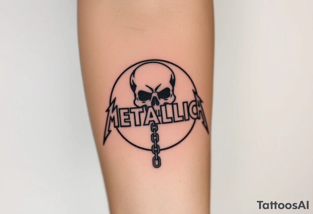 A heavy metal skull with chains hanging down, surrounded by circle with “Metallica” written in bold, fiery letters above it tattoo idea