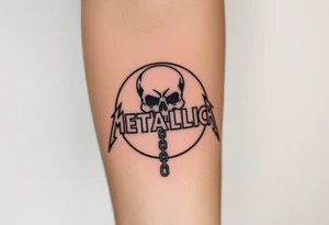 A heavy metal skull with chains hanging down, surrounded by circle with “Metallica” written in bold, fiery letters above it tattoo idea