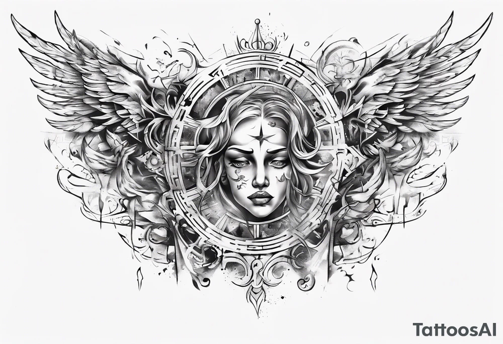 Chest tatoo abstraction with sun and letters and angels tattoo idea