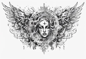 Chest tatoo abstraction with sun and letters and angels tattoo idea
