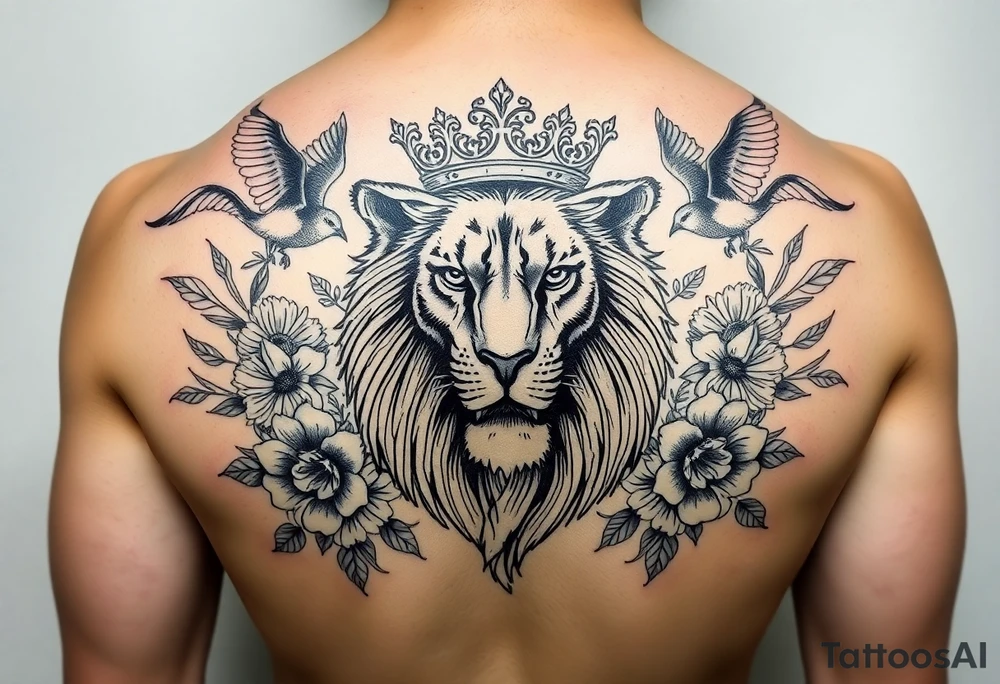 powerful majestic lion with a crown, surrounded by floral ornaments and birds tattoo idea