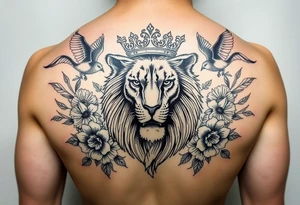 powerful majestic lion with a crown, surrounded by floral ornaments and birds tattoo idea