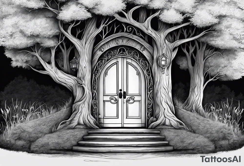 Bilbo baggins front door with steps and tree. With the words The road goes ever on and on tattoo idea
