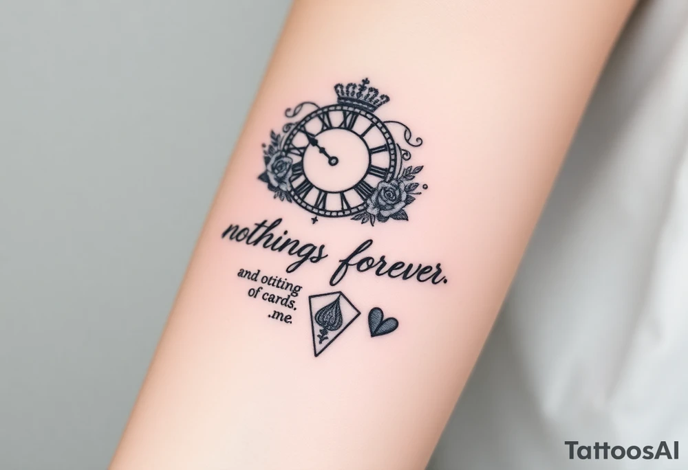 Roman clock with roses and a crown,  a quote that says nothings forever. and on the bottom a deck of cards tattoo idea