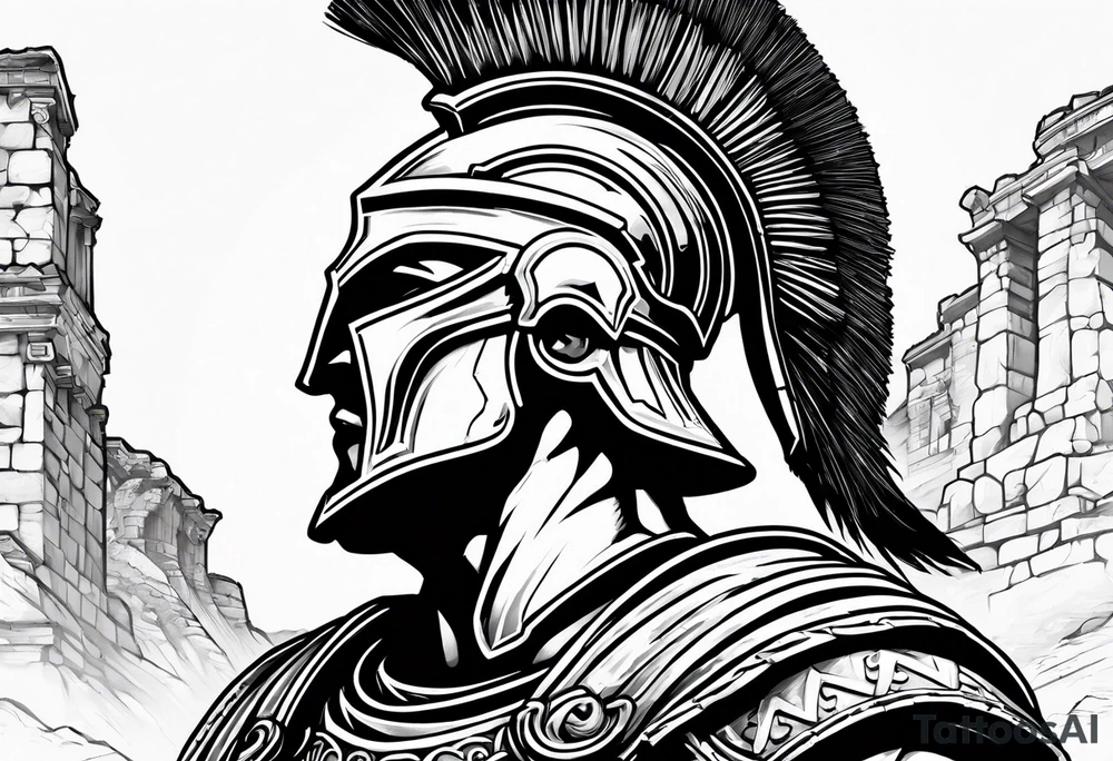 Close up of spartan solider face looking left at distant roman ruins tattoo idea