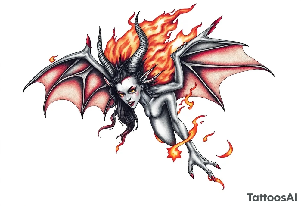 Female demon in the flame tattoo idea