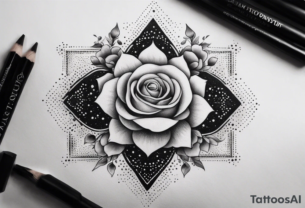 Tesseract with clouds and small roses and stars around it tattoo idea