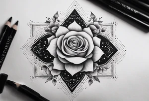 Tesseract with clouds and small roses and stars around it tattoo idea
