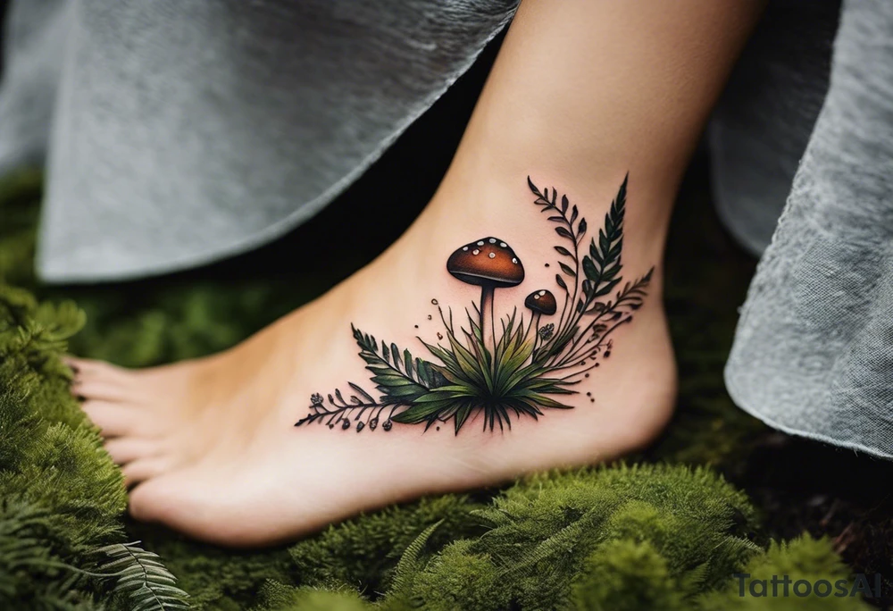 minimalistic forest floor inspired tattoo, which includes grass, moss, curly ferns and dead leaves as the bulk of the tattoo. details to include: forest berries, couple of very small brown mushrooms, a tiny bumblebee flying nearby tattoo idea
