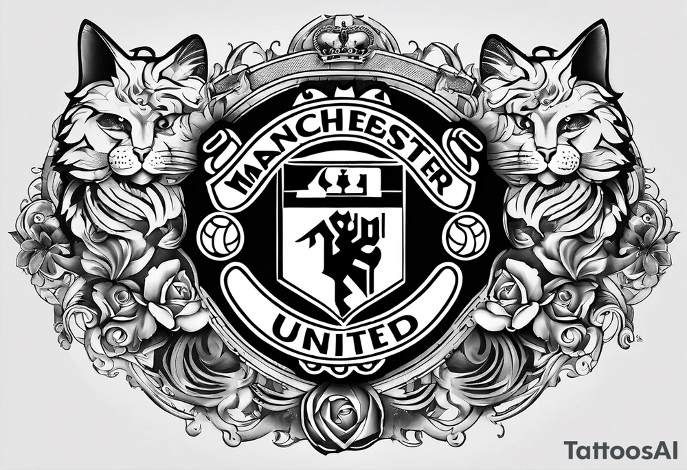 Manchester United, two cats, God, edm, all combined into one art. manchester united crest to be the focal point tattoo idea