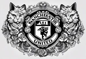 Manchester United, two cats, God, edm, all combined into one art. manchester united crest to be the focal point tattoo idea