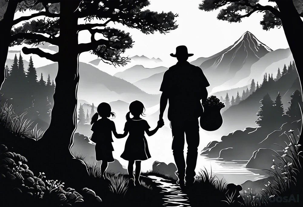 Family silhouette with a father, a mother, older son, older daughter, and small daughter foraging mushrooms with mountains and creek in background tattoo idea