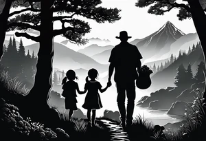 Family silhouette with a father, a mother, older son, older daughter, and small daughter foraging mushrooms with mountains and creek in background tattoo idea