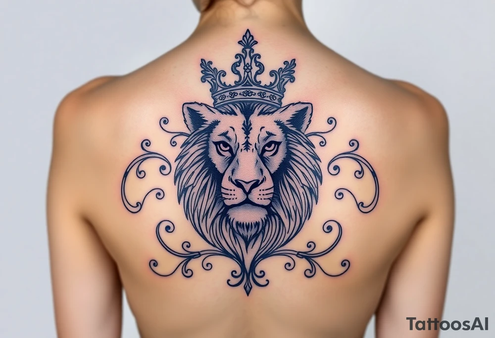 majestic lion wearing ornate crown, surrounded by baroque flourishes tattoo idea