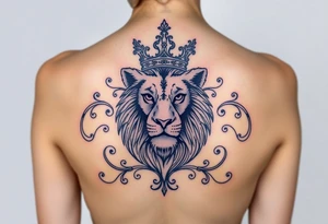 majestic lion wearing ornate crown, surrounded by baroque flourishes tattoo idea