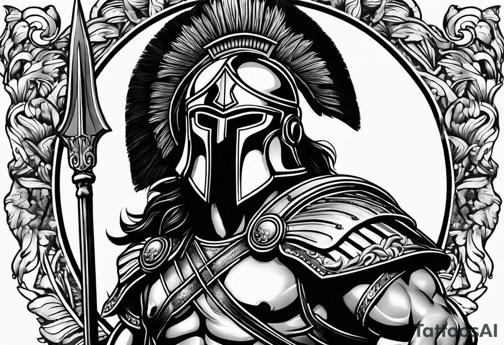 greek spartan warriors black face under the helmet, holding a spear tattoo idea