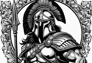 greek spartan warriors black face under the helmet, holding a spear tattoo idea