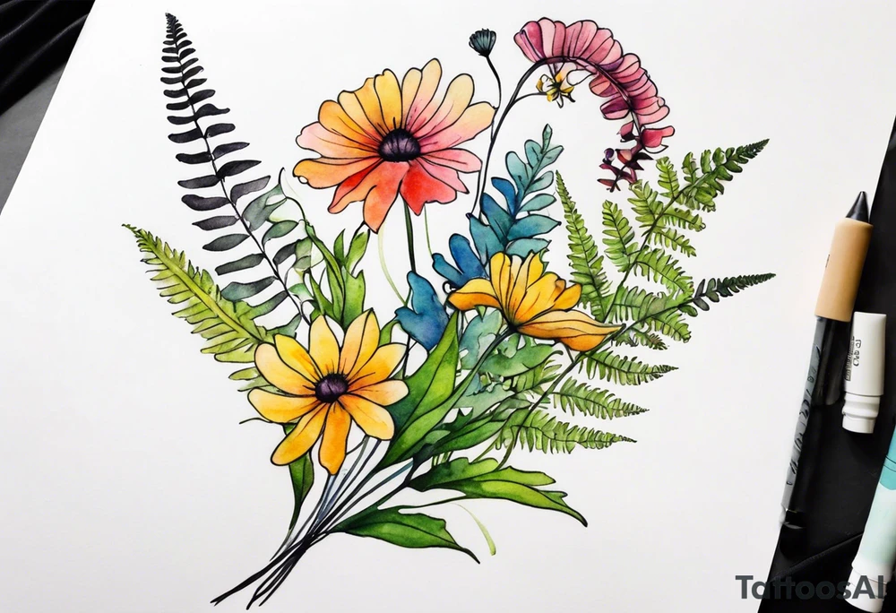 Multi colored wild flowers long stems bouquet with ferns all watercolor tattoo idea