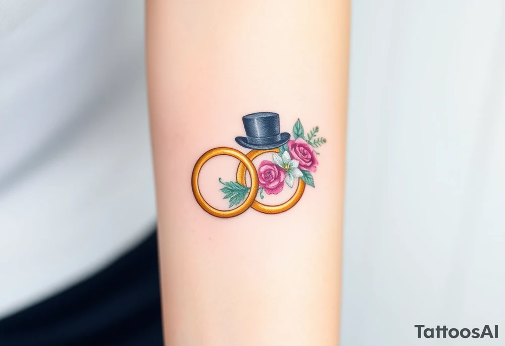 two golden wedding rings with top hat and wedding bouquet tattoo idea