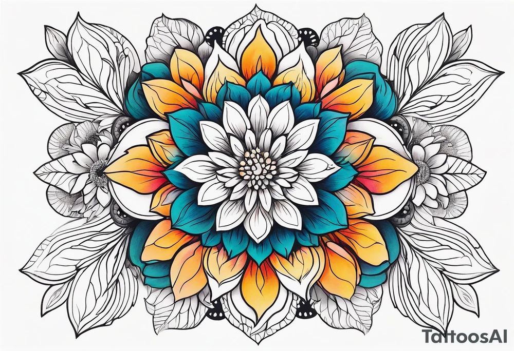 Mandala, botanical, flowers, negative space, colorful tattoo idea