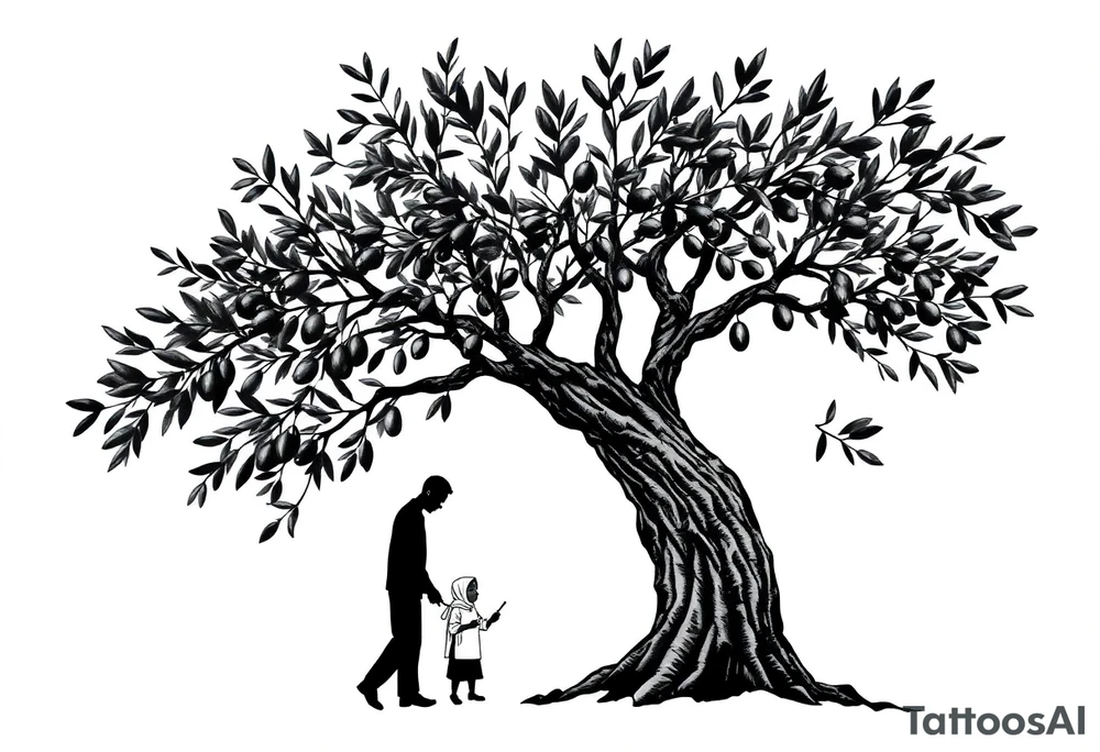A highly detailed tattoo design featuring an olive tree with sprawling branches and textured bark. Underneath the tree, a father, a mother wearing a hijab, and their young son, all interacting with the tree as if harvesting olives. The figures are fully blacked-out silhouettes, emphasizing simplicity and elegance, while the olive tree is intricately detailed with realistic leaves and a textured trunk. The composition conveys a sense of connection, unity, and tradition, with a soft gradient background to highlight the figures and tree tattoo idea