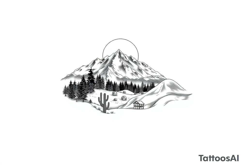 Tattoo stencil design, full sleeve. A journey through California: the top starts with a vibrant sunset over snowy peaks, transitioning down into a lush forest, then a stark desert, and ending at the wrist with ocean surf. The entire scene is viewed through a geometric lens, using "sacred geometry" patterns to divide the sections. Clean black and grey realism with sharp line work. No shading on the background, white background only. tattoo idea