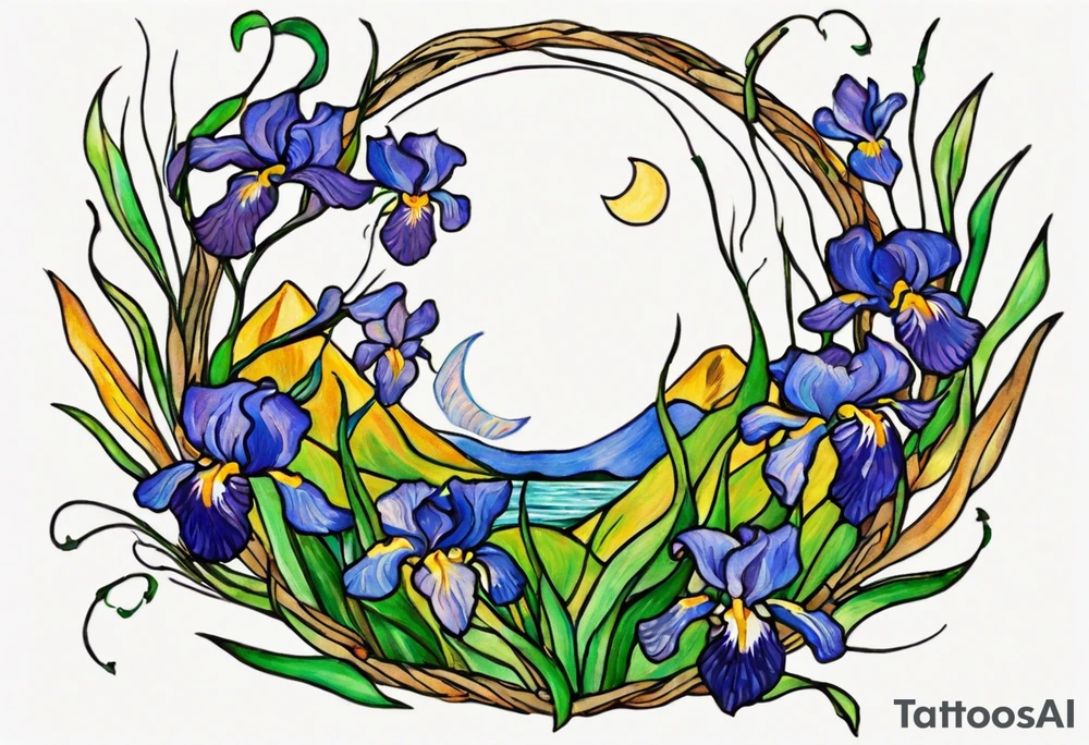 Create a small, colorful Vincent van Gogh Irises tattoo in the form of a crescent, with vines gracefully intertwining at a central point in the middle of the wreath. The intended placement is on the upper chest. The middle needs mountains. The overall design should be small in size while maintaining a delicate and artistic aesthetic. Pay attention to the graceful flow of the vines and the placement of the irises to achieve a refined and elegant look. tattoo idea