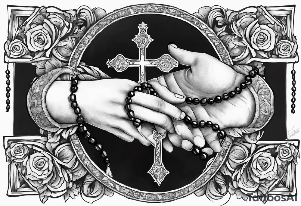 Vertical, hands of God holding a rosary with the words "Todo la tierra esta llehande su gloria" tattoo idea